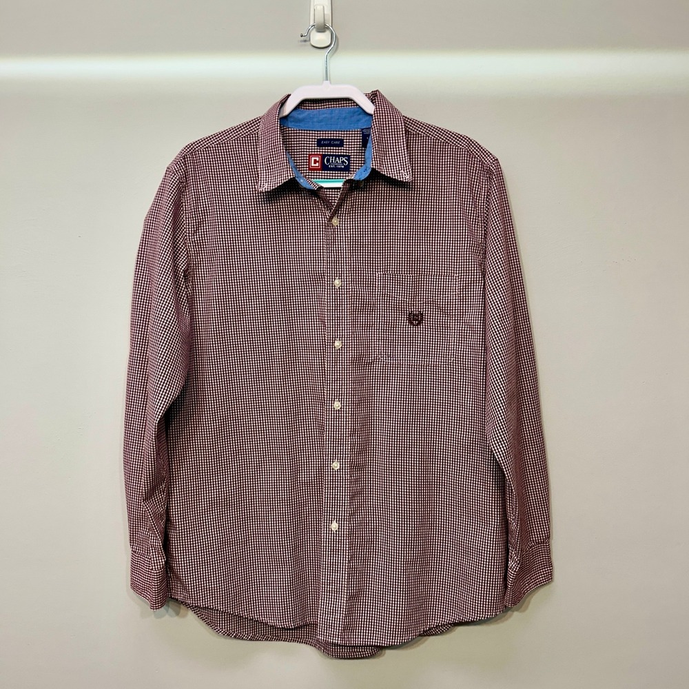 Chaps Button Down Shirt‎ Mens Medium Burgundy Gingham Easy Care Long Sleeve